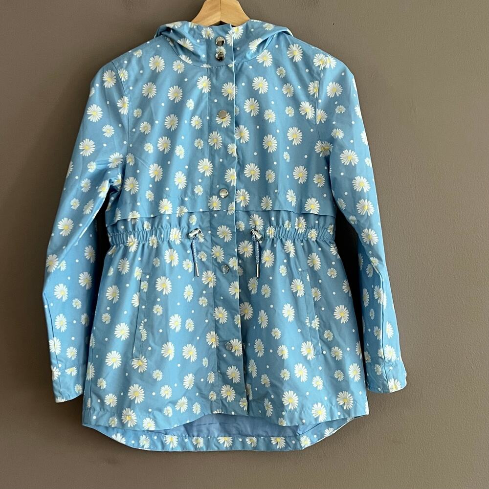 Rokka&Rolla Girls Rain Jacket Blue Daisy Floral Hooded Trench Coat Large 10-12